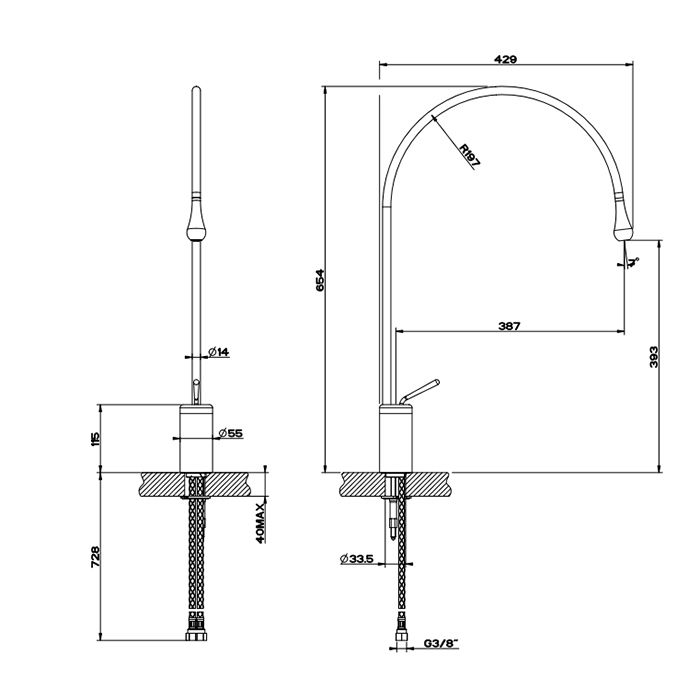 Gessi Goccia Смеситель для раковины на 1 отверстие, излив 387мм R=197, с фиксированным носиком,  цвет: Black Metal GHRC