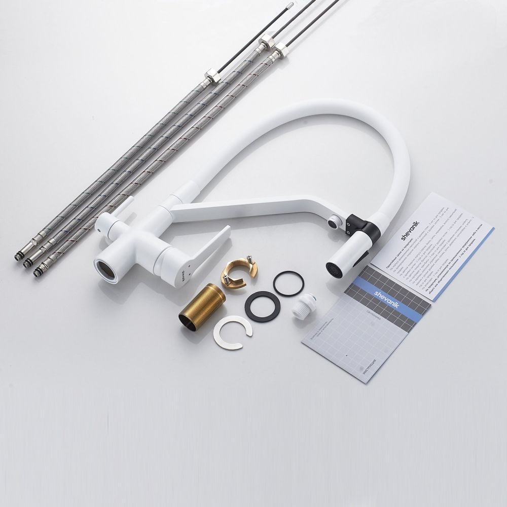 Смеситель для кухни с гибким изливом и подключением фильтра Shevanik S278C, белый