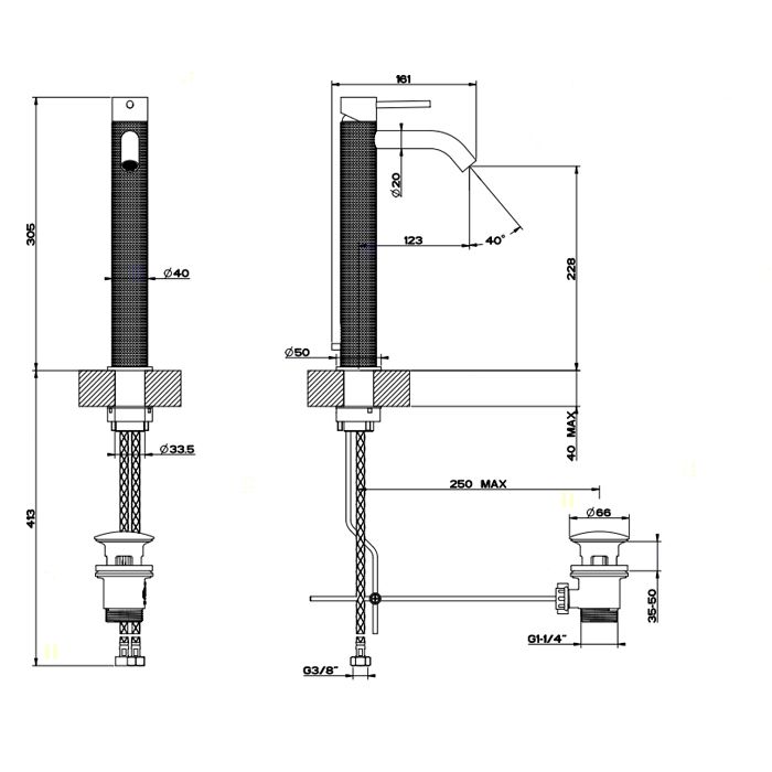 GESSI 316 Смеситель для раковины на 1 отверстие, высокий, h=305мм, с донным клапаном, излив 123мм, цвет: steel brushed