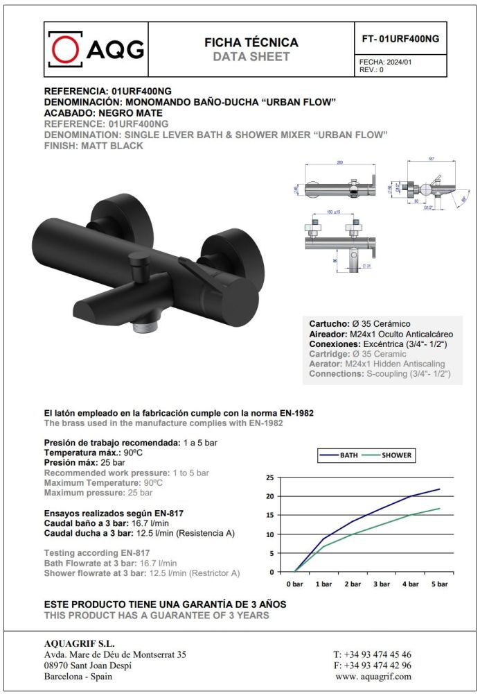 AQG Urban Flow, однорычажный смеситель для ванны без набора для душа, цвет черный матовый
