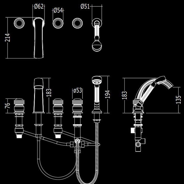 Devon&Devon Excelsior Royal Смеситель для установки на борт ванны с 5 отверстиями, переключателем и душем. Цвет: античная латунь., артикул EXC-RY150OTS