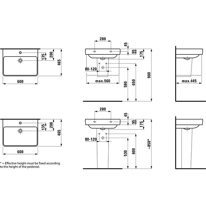 LAUFEN PRO S Раковина 600х465х95 мм., подвесная, с 1 отверстием для смесит, с переливом, цвет белый
