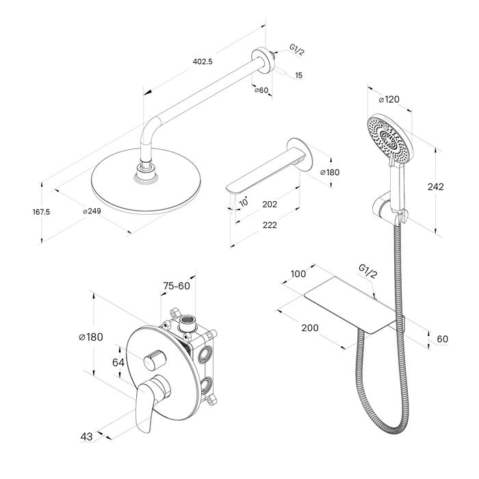 Душевая система скрытого монтажа с тропическим душем, ручным душем и изливом Milardo Rora (RORSB03M68), артикул RORSB03M68