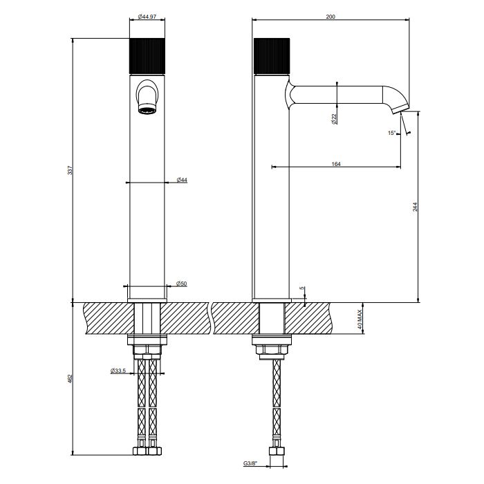 GESSI HABITO RIGATO Смеситель для раковины высокий ,без донного клапана, с соединительными шлангами, цвет Finox Brushed Nickel