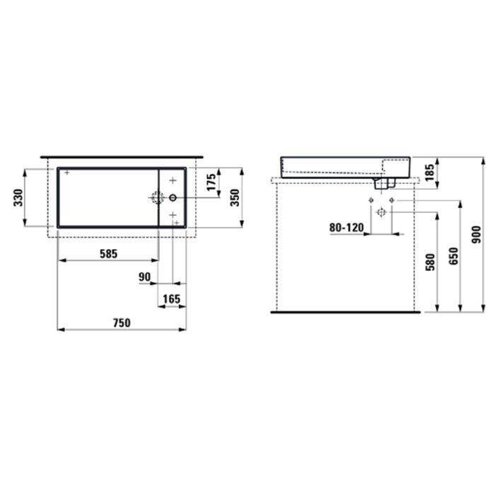 Laufen Kartell Раковина-чаша 750х350х120мм без перелива, с 1 отв. под смеситель, со скр. сливом, с покр. LLC, цвет: белый