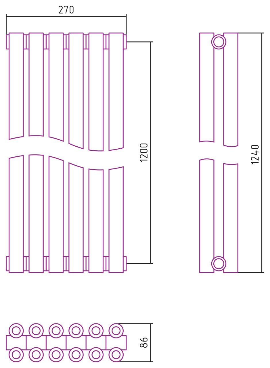 Отопительный радиатор ЭСТЕТ-00 н/ж 1200х270 / 6 сек (Тёмный титан муар)