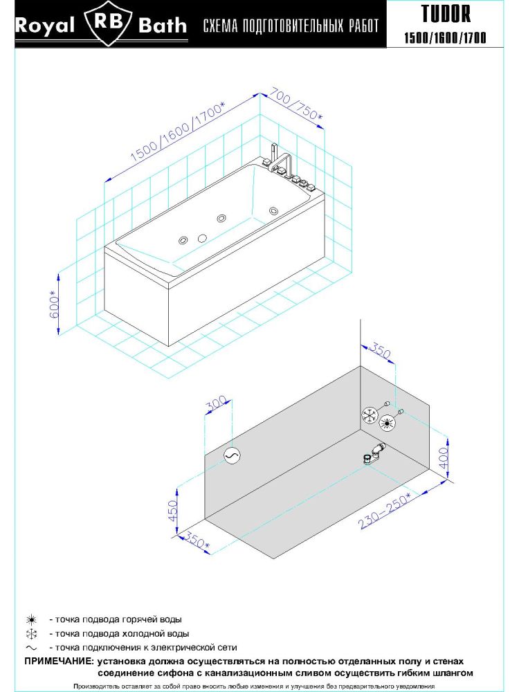 Гидромассажная ванна Royal Bath  TUDOR STANDART 160x70x60, артикул RB407702ST
