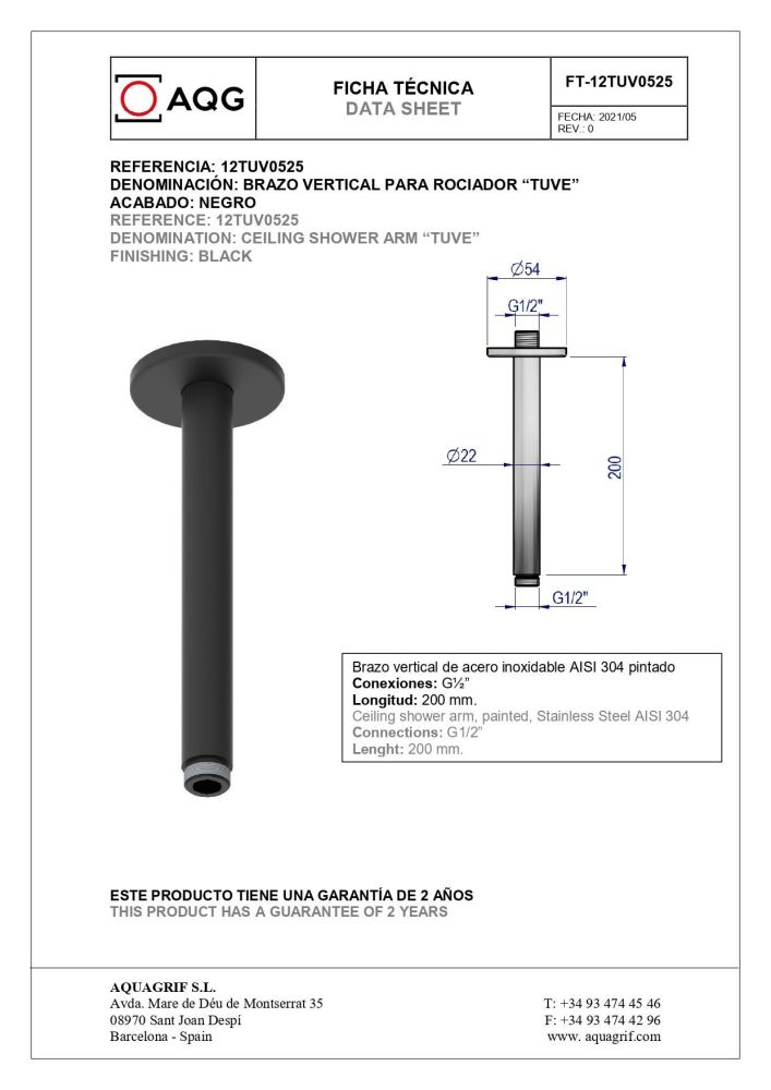 AQG Tube, душевой комплект ER217 на 2 потребителя: с круглым верхним душем 25 см и потолочным кронштейном 20 см, цвет черный матовый, артикул 19TUBER21705