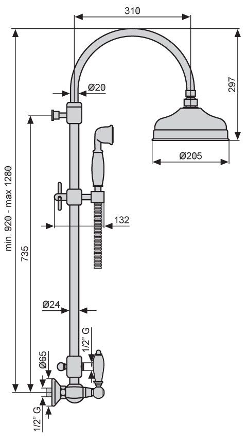Emmevi, душевая колонна с керамическими ручками (старый арт. 12100281), регулируемая по высоте 93,2-133,2 см: со смесителем и круглым антикальковым ве, артикул 12100294/CR