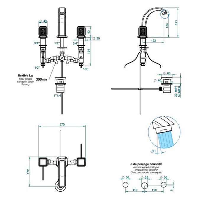 THG METROPOLIS CRISTAL CLAIR Смеситель для раковины на 3 отверстия, ручки с подсветкой, с донным клапаном, цвет хром