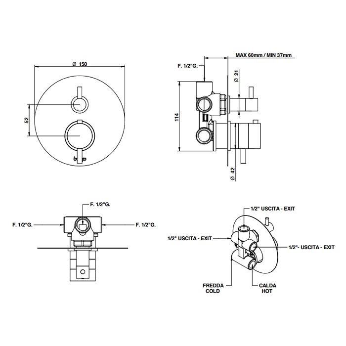 BONGIO Термостатический смеситель с переключателем на 3 положения, цвет черный матовый (без встраив части 09766/3), артикул 68569NE03PREU