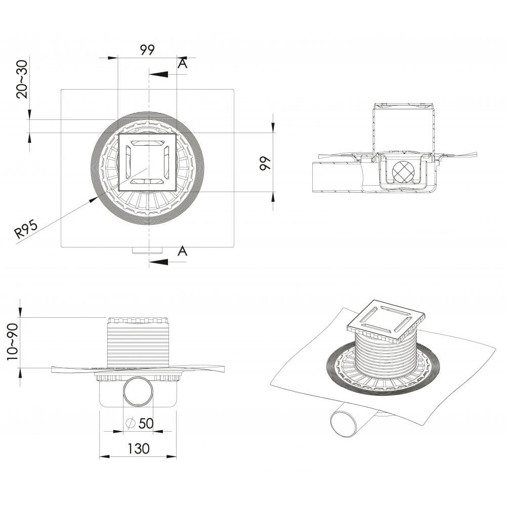 Трап BERGES водосток ZENTRUM Norma 100х100, матовый хром, выпуск D50 H65 боковой