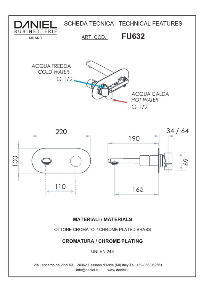 Daniel Fusion, встраиваемый в стену однорычажный смеситель для раковины на панели (излив 16,4 см), без донного клапана, цвет хром, артикул FU632-CR