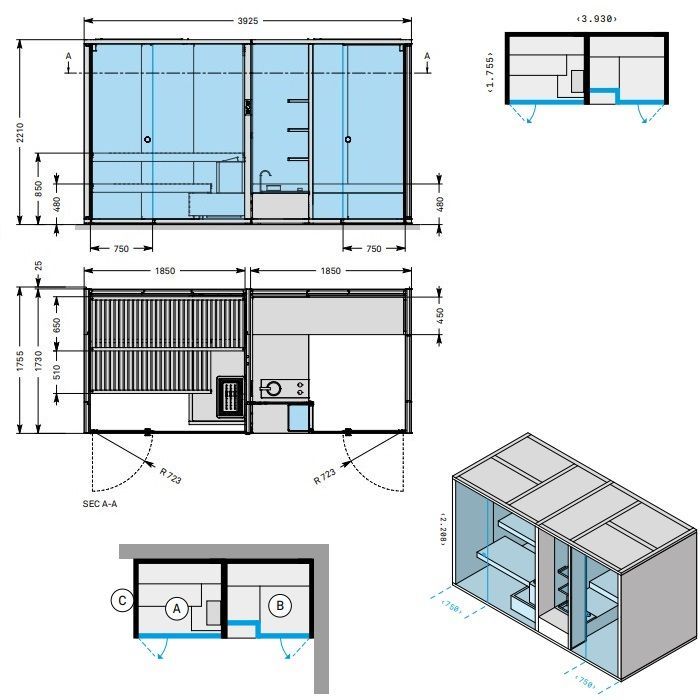 Effegibi BodyLove SH  393x176xh220 см, размещ. в угол D.X., сауна-термообр.дерево, хаммам гл-ое стекло, наруж. стены термообр. древесина гл-ая