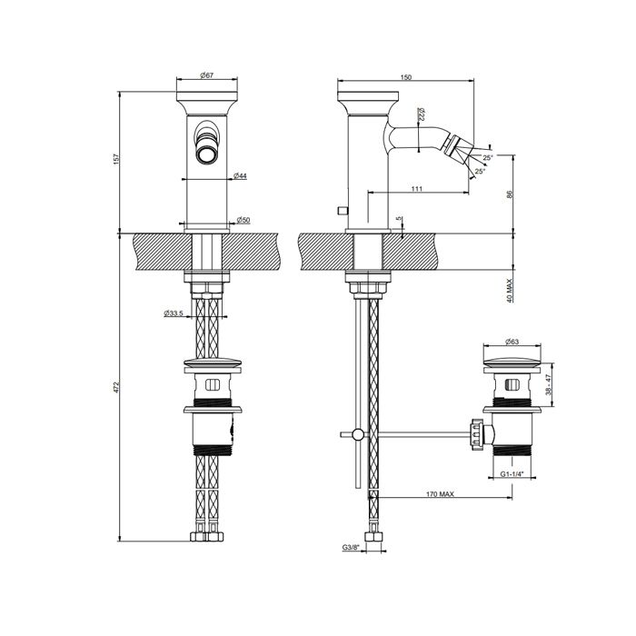 GESSI Origini Смеситель для биде с донным клапаном, в компл с отделочн вкладкой., цвет: Warm Bronze Br. PVD