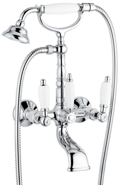 Emmevi Deco Ceramic, двухрычажный смеситель для ванны (излив 14 см), с набором для душа, цвет хром