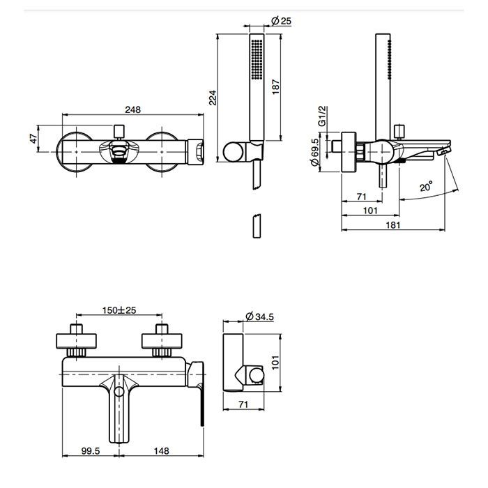 Fima Carlo Frattini Mast Смеситель для ванны, настенный, с ручным душем, цвет: золото