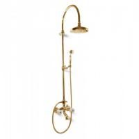 Bongio Fleur Blanc Смеситель для ванны - с изливом, душевой стойкой с верхним и ручным душем, цвет золото/белый фарфор