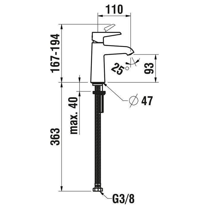 Смеситель для раковины, Laufen, Val, тип открывания воды-однорычажный, отверстия для монтажа-1, вынос излива, мм-110, донный клапан-нет, цвет-хром