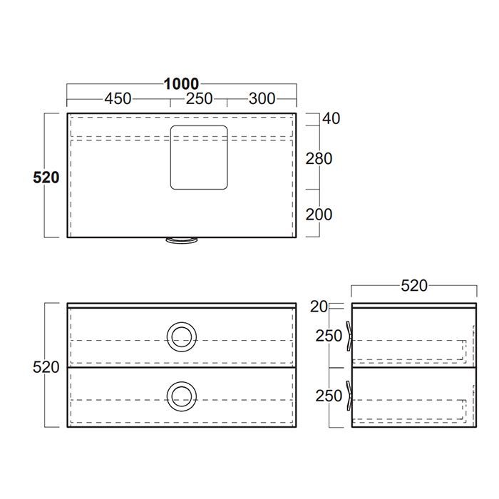 Simas Henges База под раковину подвесная 100x52xh52 см, с 2 ящиками, цвет черный матовый