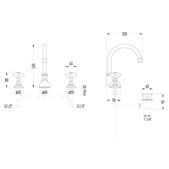 Devon&Devon WHITE ROSE Смеситель для раковины с высоким изливом на 3 отв.,с донным клапаном,цвет хром