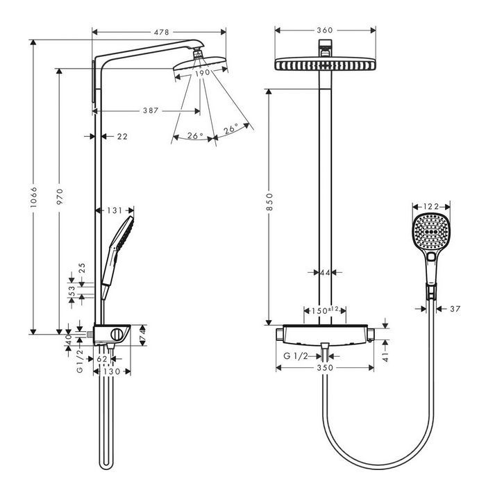 HG Raindance E Душевая система Showerpipe: верх.душ 360х190мм 1jet, ручн.душ, шланг, термостат для душа, EcoSmart, цвет: хром HG Raindance E Душевая система Showerpipe: верх.душ 360х190мм 1jet, ручн.душ, шланг, термостат для душа, EcoSmart, цвет: хром