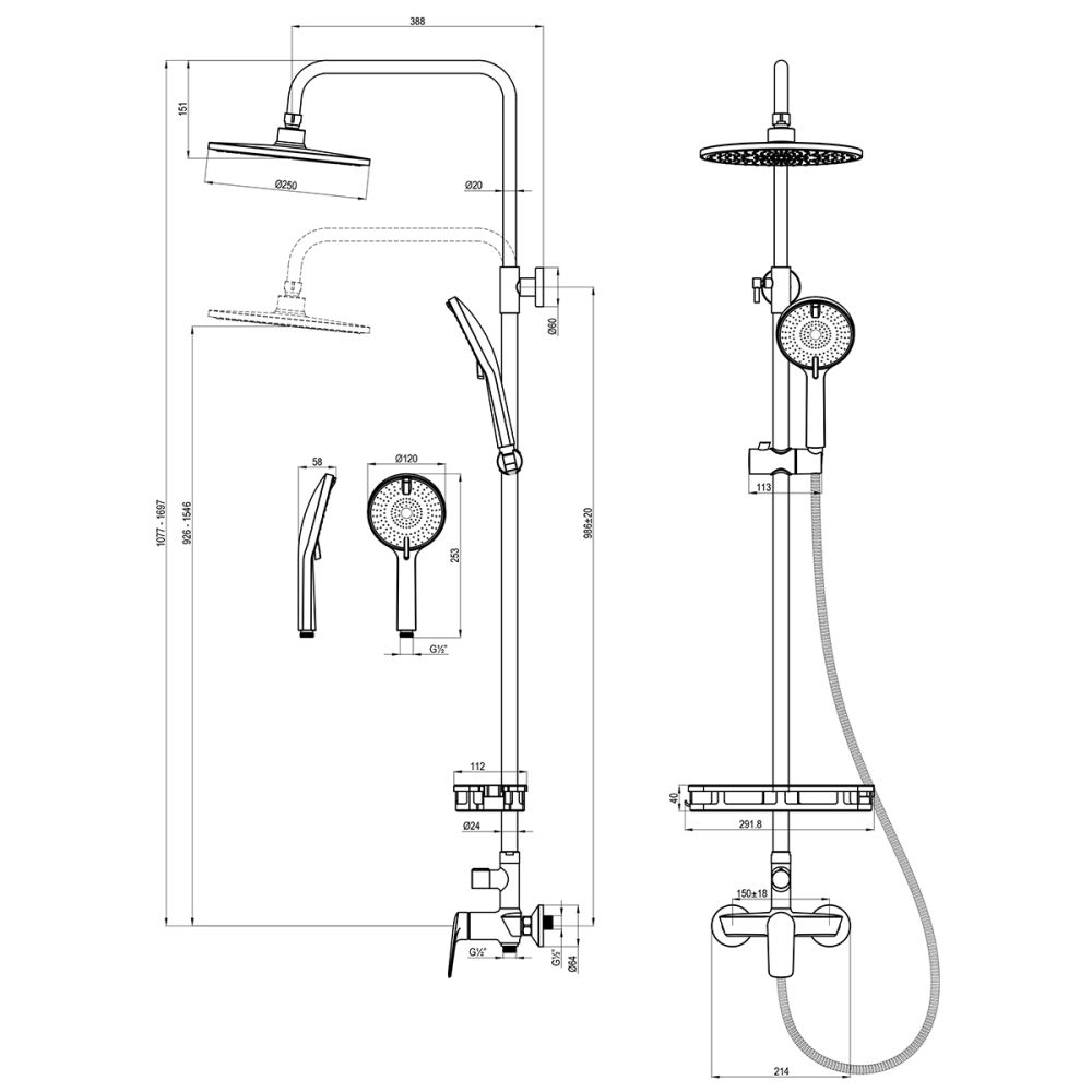 Смеситель Lemark Verba для душа с регулируемой высотой штанги и верхней душевой лейкой "Тропический дождь" (LM11460C), артикул LM11460C