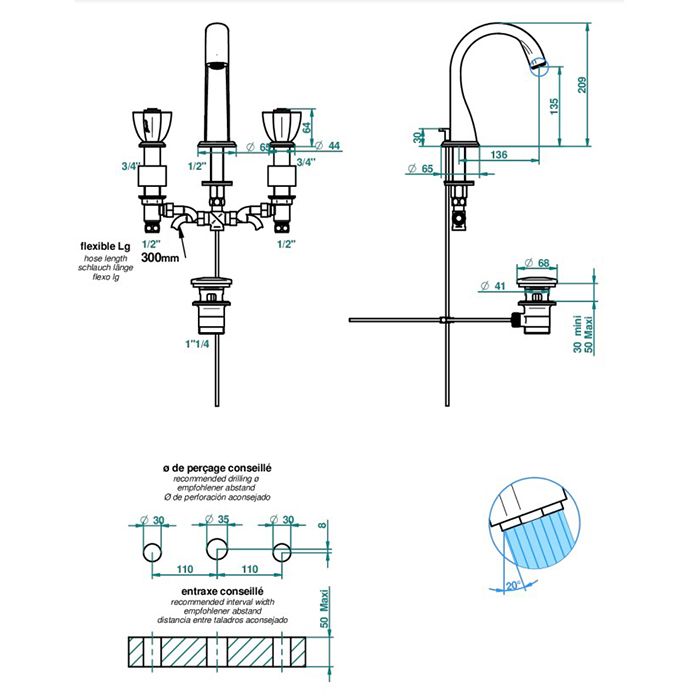 THG PETALE DE CRISTAL ROUGE Смеситель для раковины на 3 отверстия, с донным клапаном, цвет полированное золото