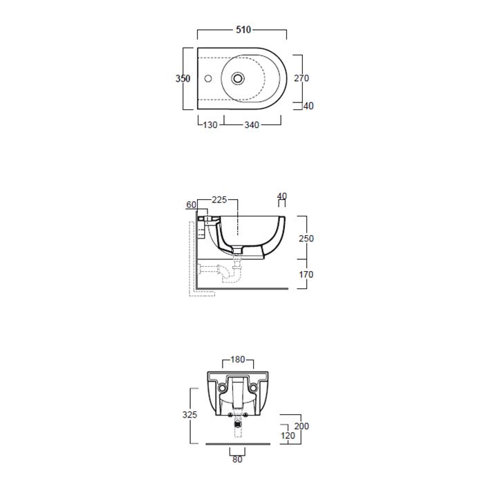 SIMAS E-LINE Биде подвесное 51х35см c 1 отверстием под смеситель, цвет белый (без крепежа F85)