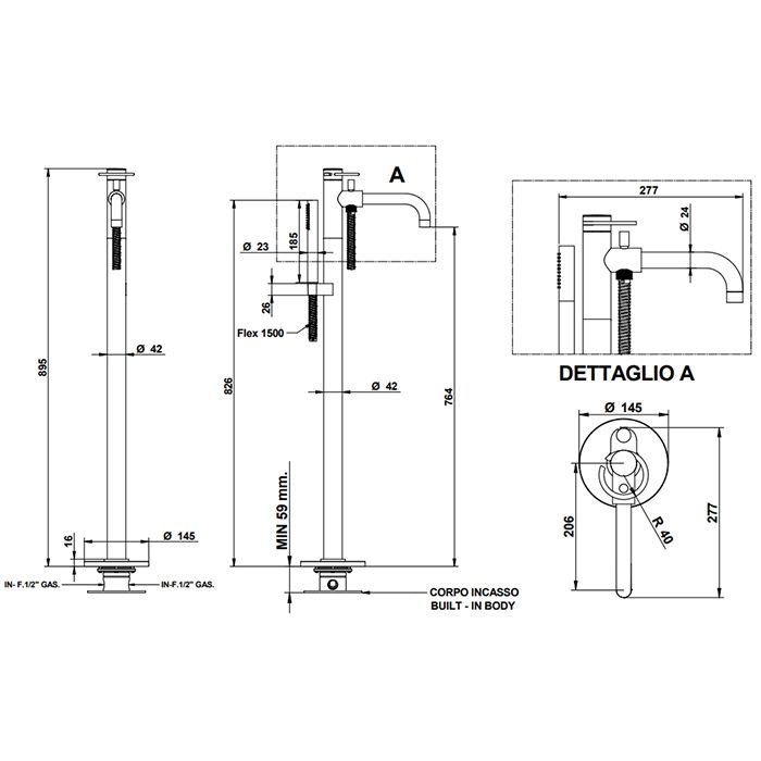 BONGIO LINEA Смеситель для ванны напольный, однорычажный, с ручным душем и шлангом 1500 мм., внешняя часть, цвет матированное золото, артикул 82534OPOP0DEU