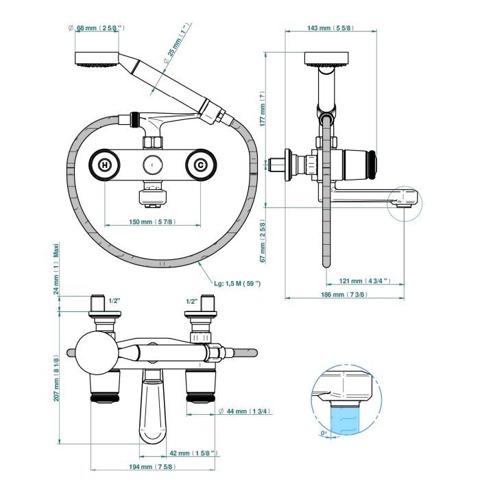 THG CORVAIR Смеситель для ванны настенный, с ручным душем и шлангом 1500 мм., цвет хром