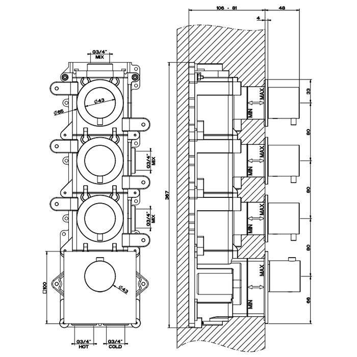 GESSI 316 Встраиваемый термостатический смеситель на 3 источника, резьба 3/4'' (внешние части), цвет: steel brushed