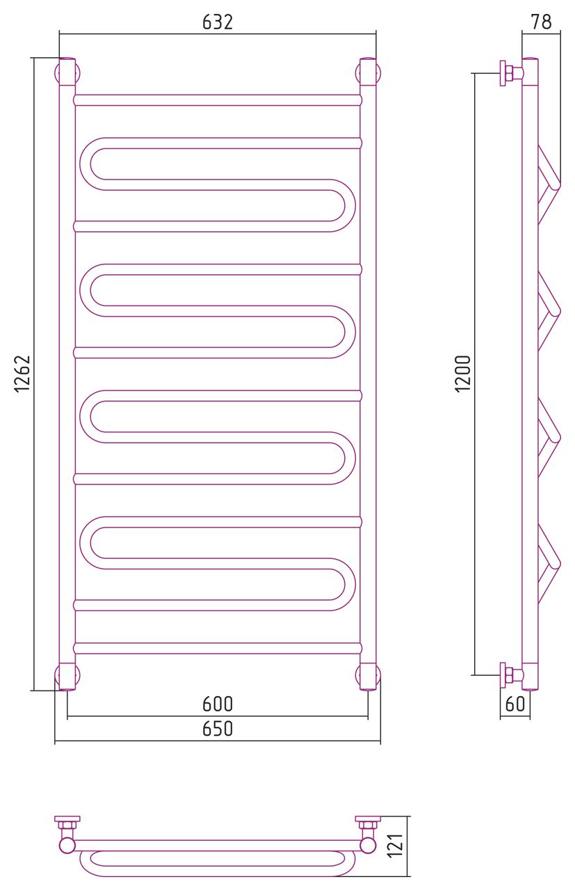 Полотенцесушитель водяной "ЭЛЕГИЯ+" 1200х600 (Матовый белый)