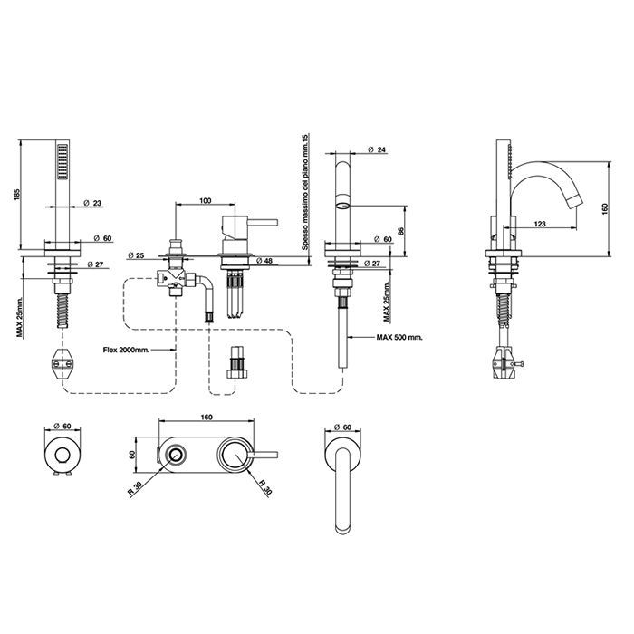 Bongio T Mix Смеситель на борт ванны, на 3 отв, с ручной лейкой, цвет золото