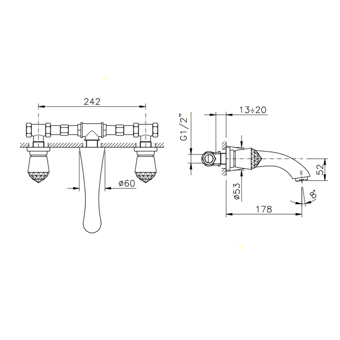 Nicolazzi Cristallo Смеситель для раковины на 3 отверстия, настенный, излив: 178мм, цвет: хром