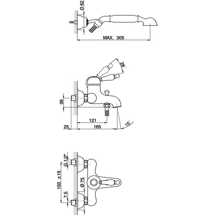 CISAL Arcana Empress Смеситель настенный для ванны/душа с ручной лейкой,держателем и шлангом, цвет золото
