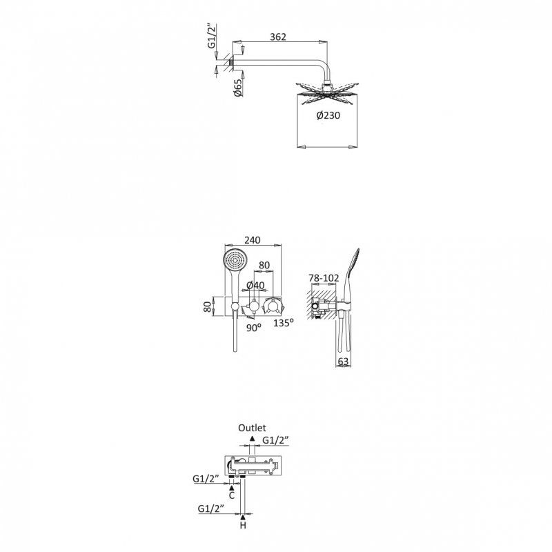 Душевая система с термостатическим смесителем с верхним и ручным душем CEZARES CZR-B-VDIM-T Душевая система с термостатическим смесителем с верхним и ручным душем CEZARES CZR-B-VDIM-T