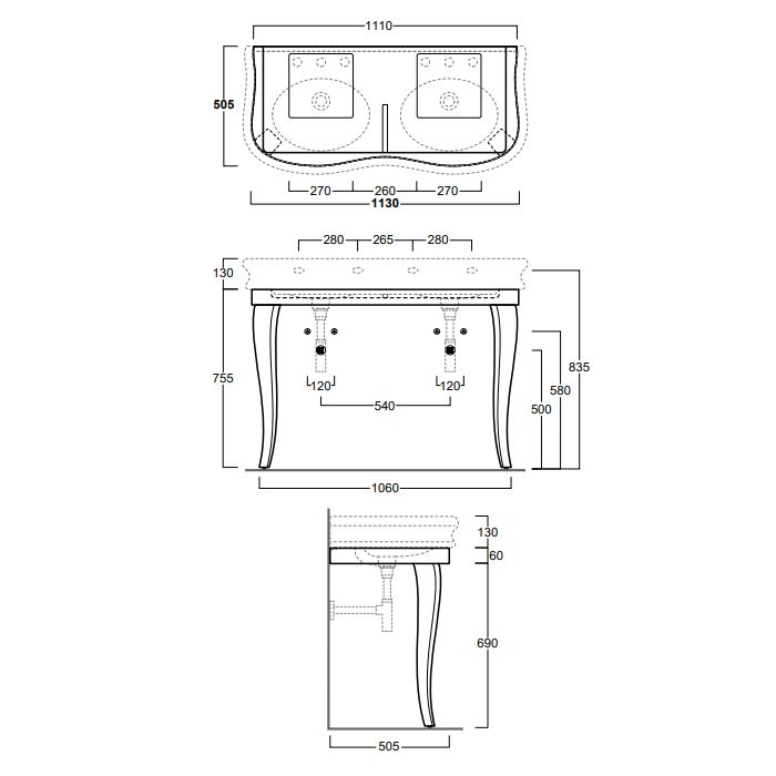 SIMAS Lante Деревянная структура 112,5*50,5*h75.5см под консоль LA12, цвет чёрный глянцевый, артикул LAM120 nero