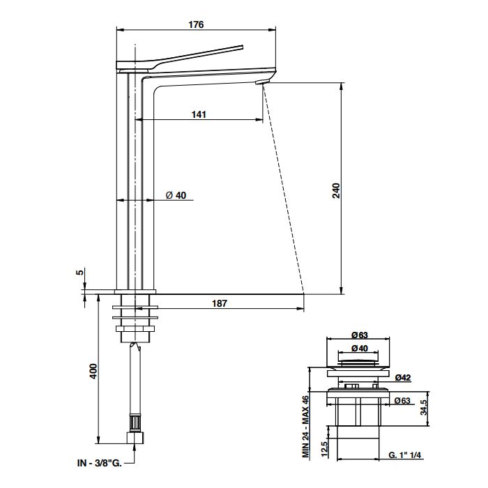 Bongio GIO2 Смеситель для раковины высокий 280 мм на 1 отв., излив 141 мм, с донным клапаном,цвет: черный матовый