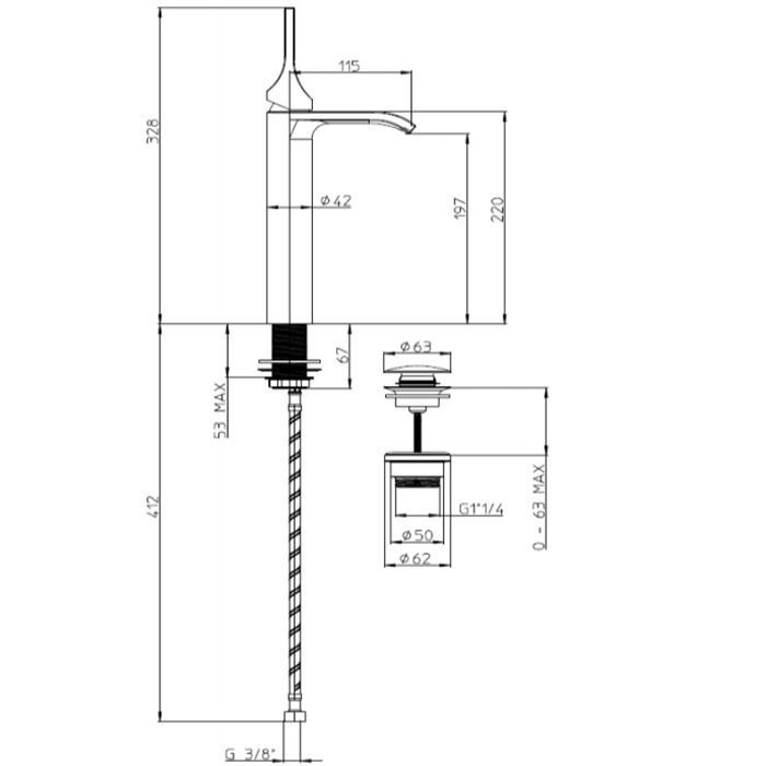 Смеситель для раковины, Bossini, APICE-T, тип открывания воды-однорычажный , с прямоугольным аэратором, монтаж-на раковину/столешницу, отверстия для монтажа-1, высота, мм-328, вынос излива, мм-115, донный клапан-есть, тип подводки-гибкая, стандарт подвода Смеситель для раковины, Bossini, APICE-T, тип открывания воды-однорычажный , с прямоугольным аэратором, монтаж-на раковину/столешницу, отверстия для монтажа-1, высота, мм-328, вынос излива, мм-115, донный клапан-есть, тип подводки-гибкая, стандарт подвода