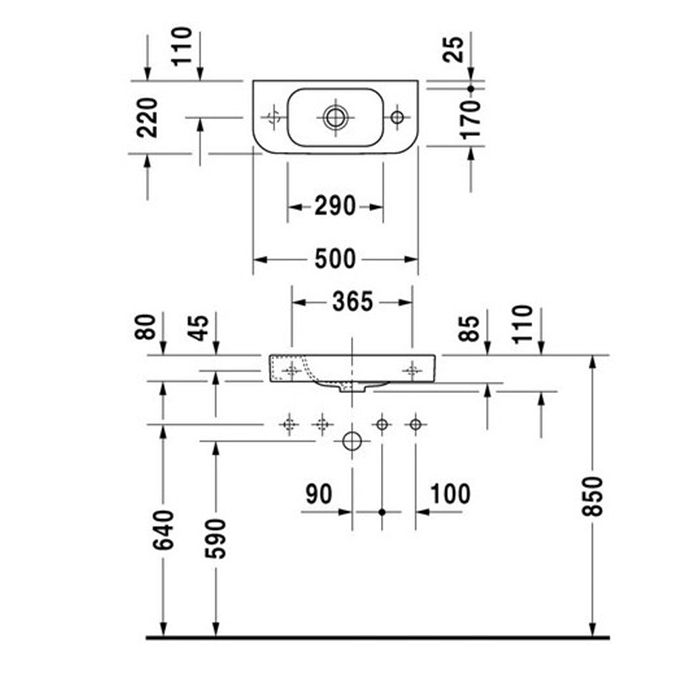 DURAVIT Happy D.2  Раковина 50х22 см, с 1 отв под смеситель слева SX,без  слив перелива, цвет белый.