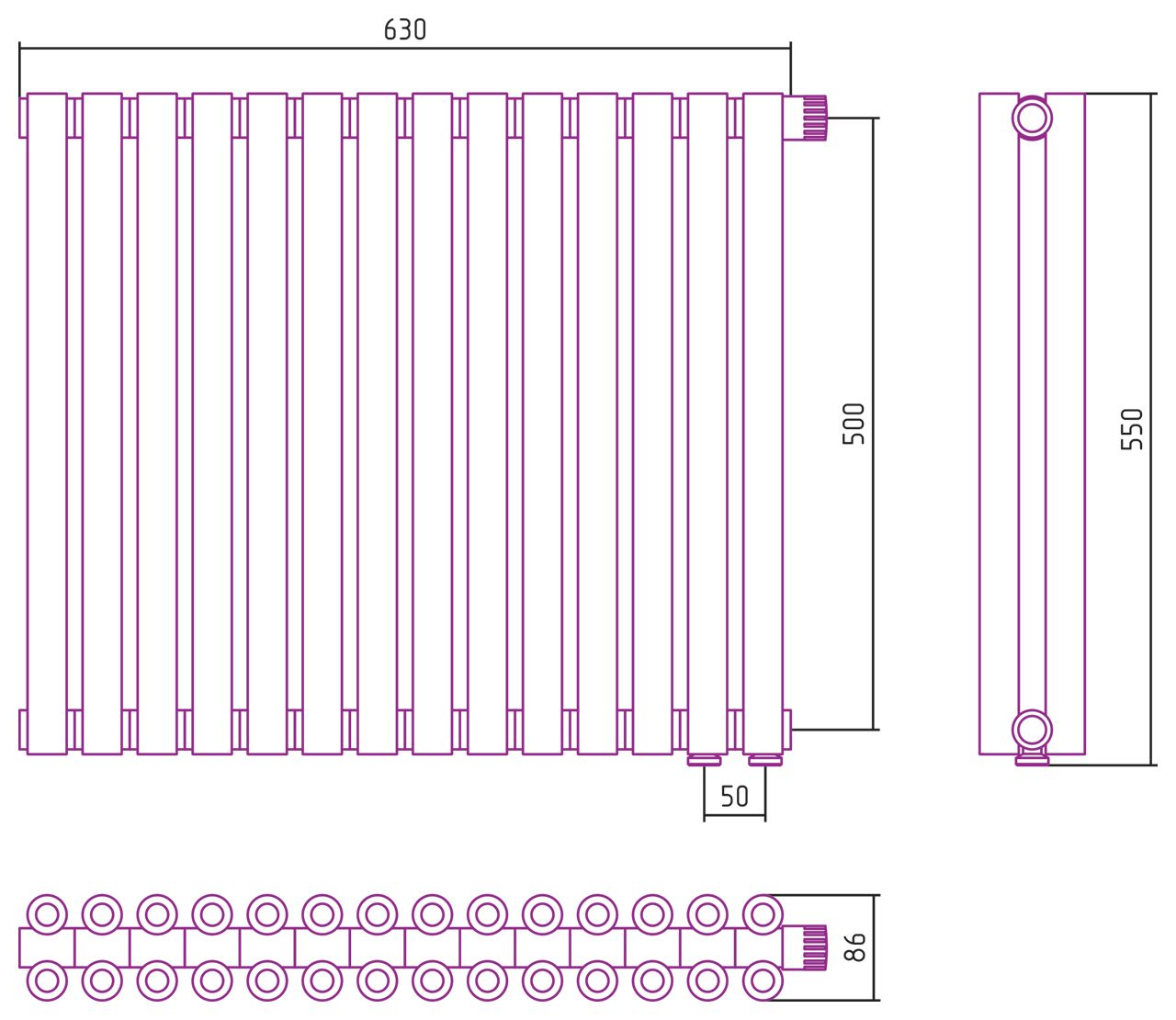 Отопительный радиатор ЭСТЕТ-00 н/ж EU50 500х630 / 14 сек (Матовый ЧЁРНЫЙ)