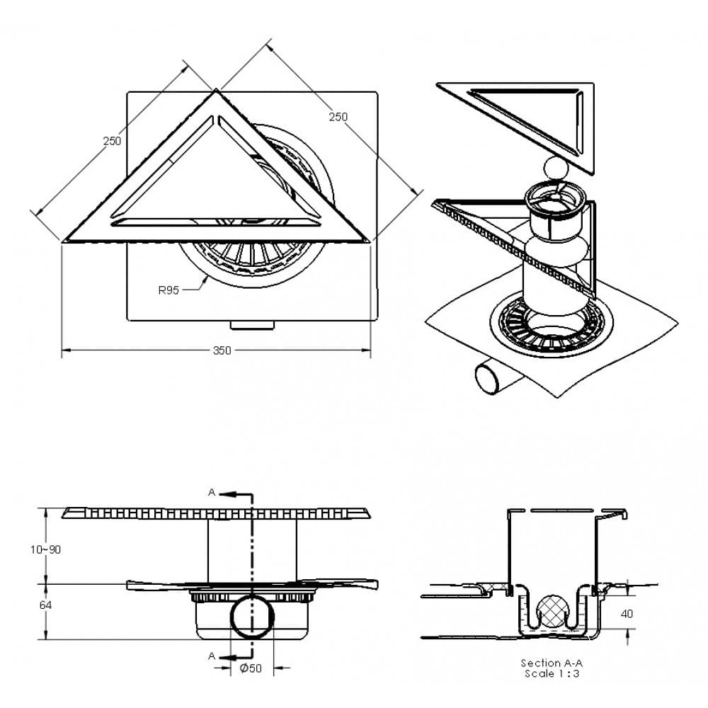 Трап BERGES водосток ZENTRUM Norma 35х25х25 угловой, матовый хром, выпуск D50 H65 боковой