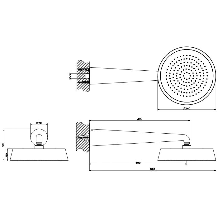 GESSI CONO Верхний душ Ø240 мм., с настенным держателем 400 мм., цвет Black Metal Brushed PVD