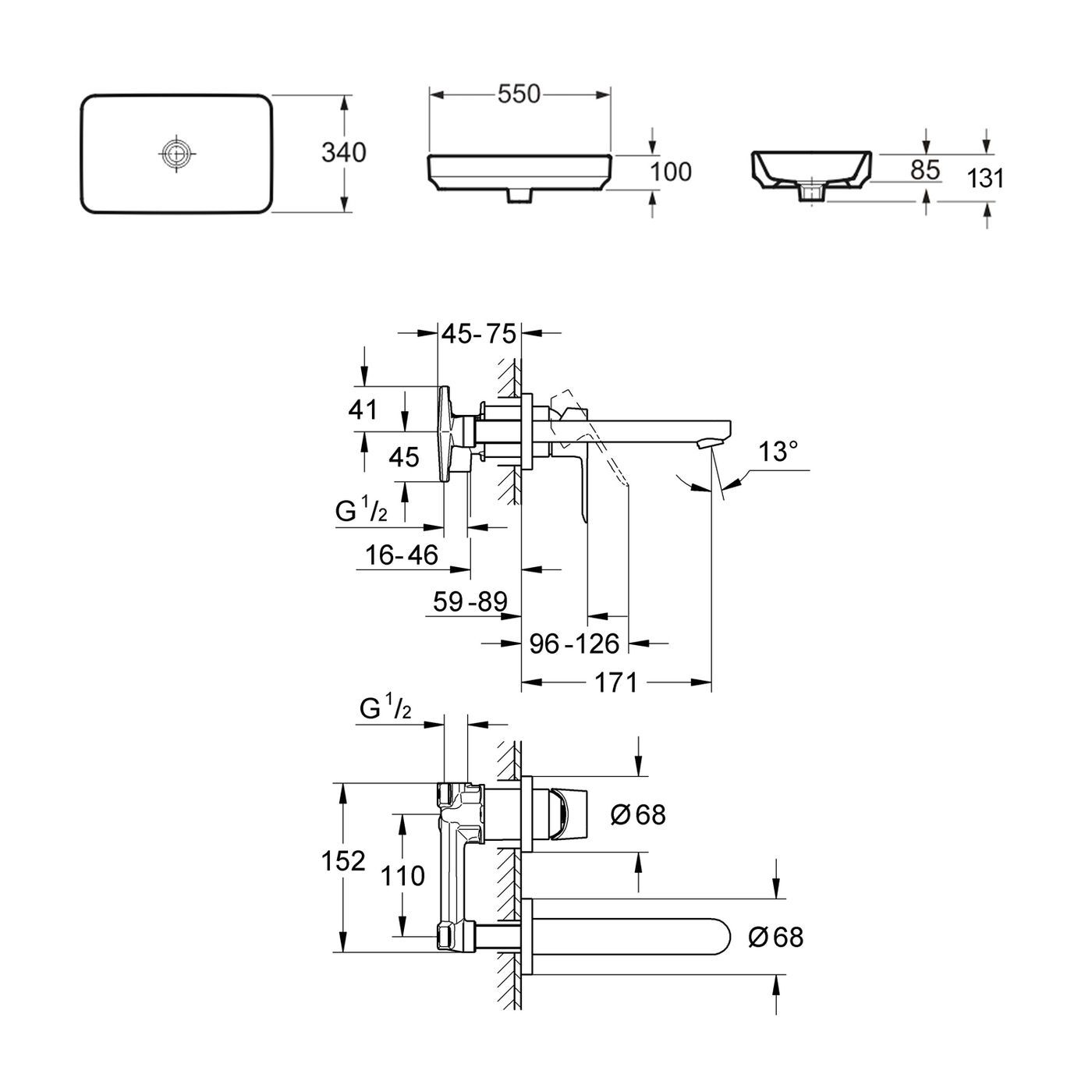 Комплект 2 в 1 Lavinia Boho Bathroom Sink Slim 21510157, накладная фарфоровая раковина 55 см, встраиваемый смеситель со скрытым механизмом