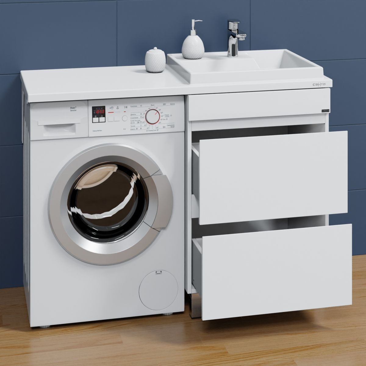 Тумба под раковину над стиральной машиной напольная "Марс 59" 2 ящ. (ум. Юпитер 1200*500 литой мрамор)