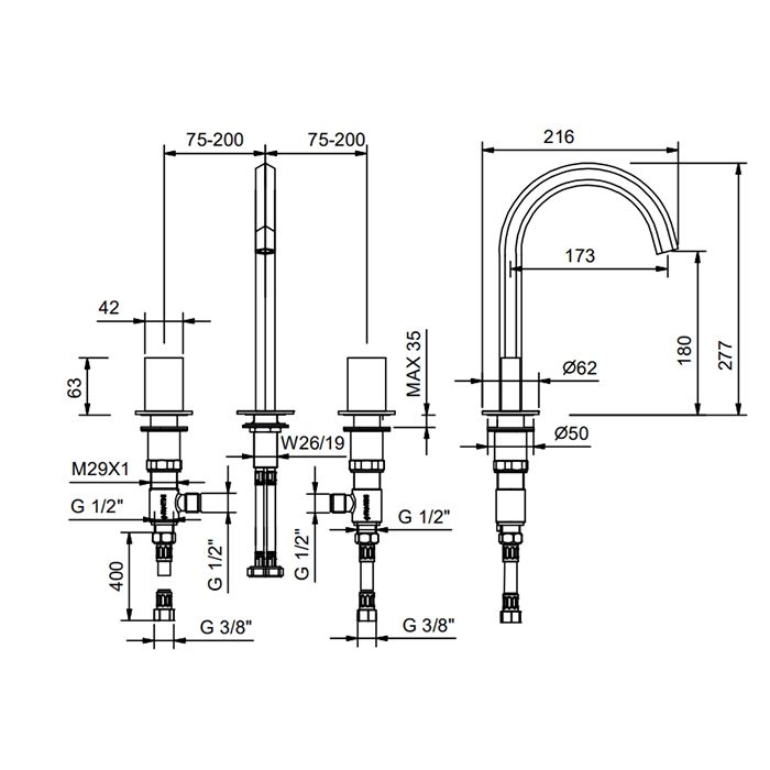 Fantini Venezia Смеситель для раковины, 3 отв., без донного клапана, излив 175мм, цвет: хром