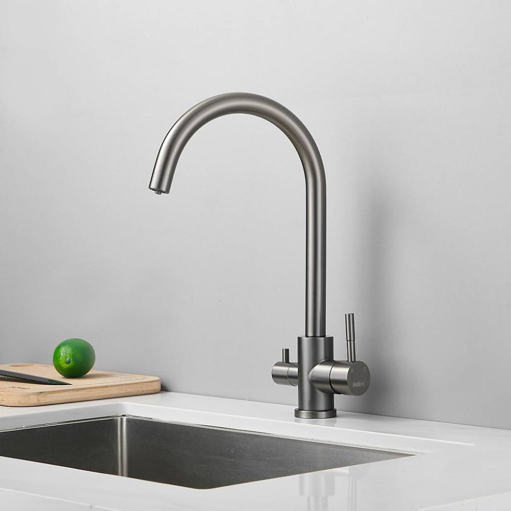Смеситель для кухни с подключением фильтра воды Haiba HB43828-3, оружейная сталь, артикул HB43828-3