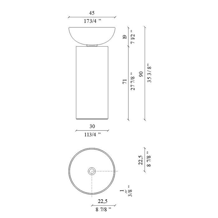 MILLDUE SABA 45 Раковина напольная Ø450x900 мм., слив в пол, без отв. под смеситель, цвет: Caolino (цемент)