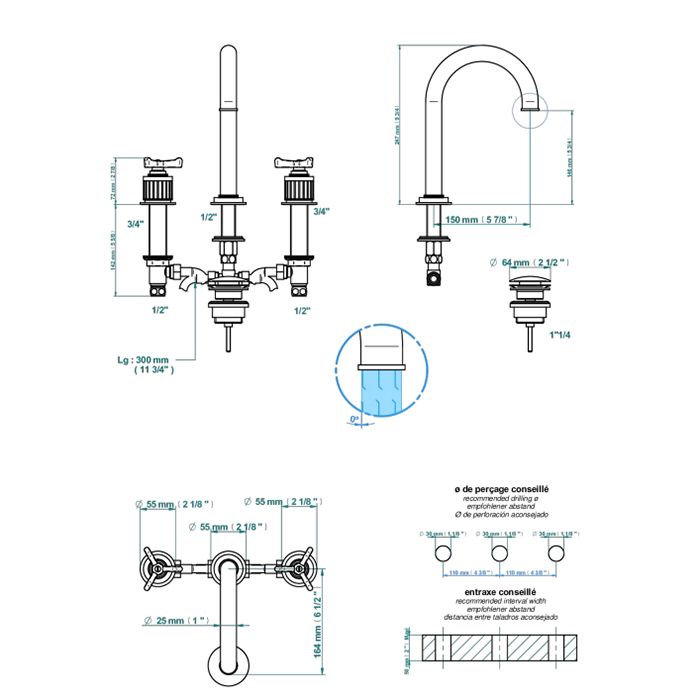 THG HAMPTONS Смеситель для раковины на 3 отверстия, в комплекте с донным клапаном, цвет Polished nickel THG HAMPTONS Смеситель для раковины на 3 отверстия, в комплекте с донным клапаном, цвет Polished nickel